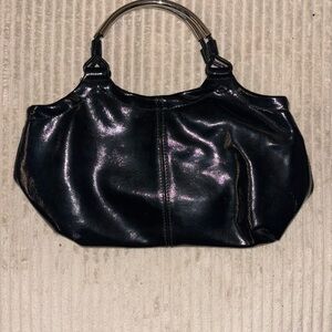 Black Leather Shoulder Bag with Glossy Finish